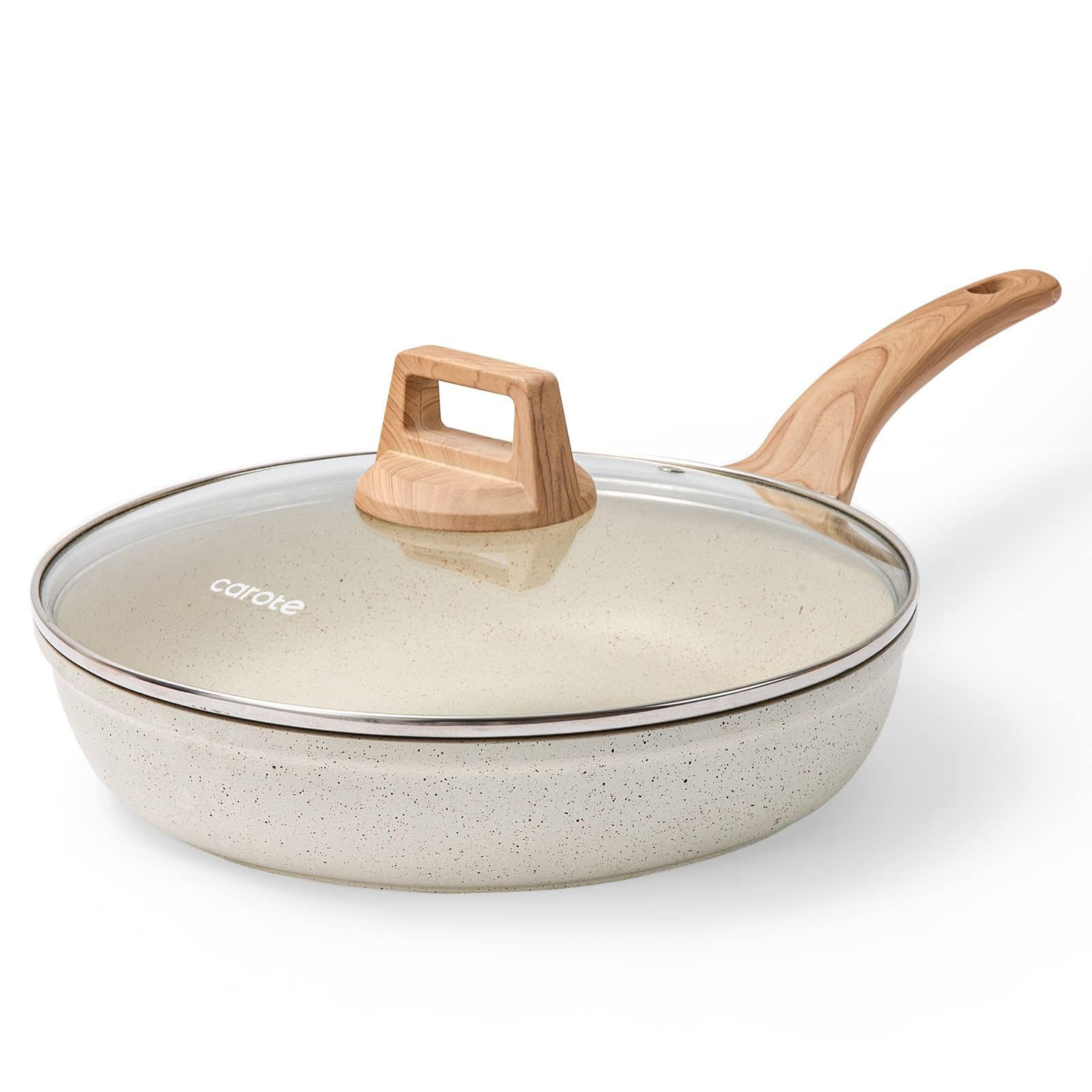 CAROTE 8 Inch Non Stick Frying Pan with Lid,White 8″ frying pan w/lid, White