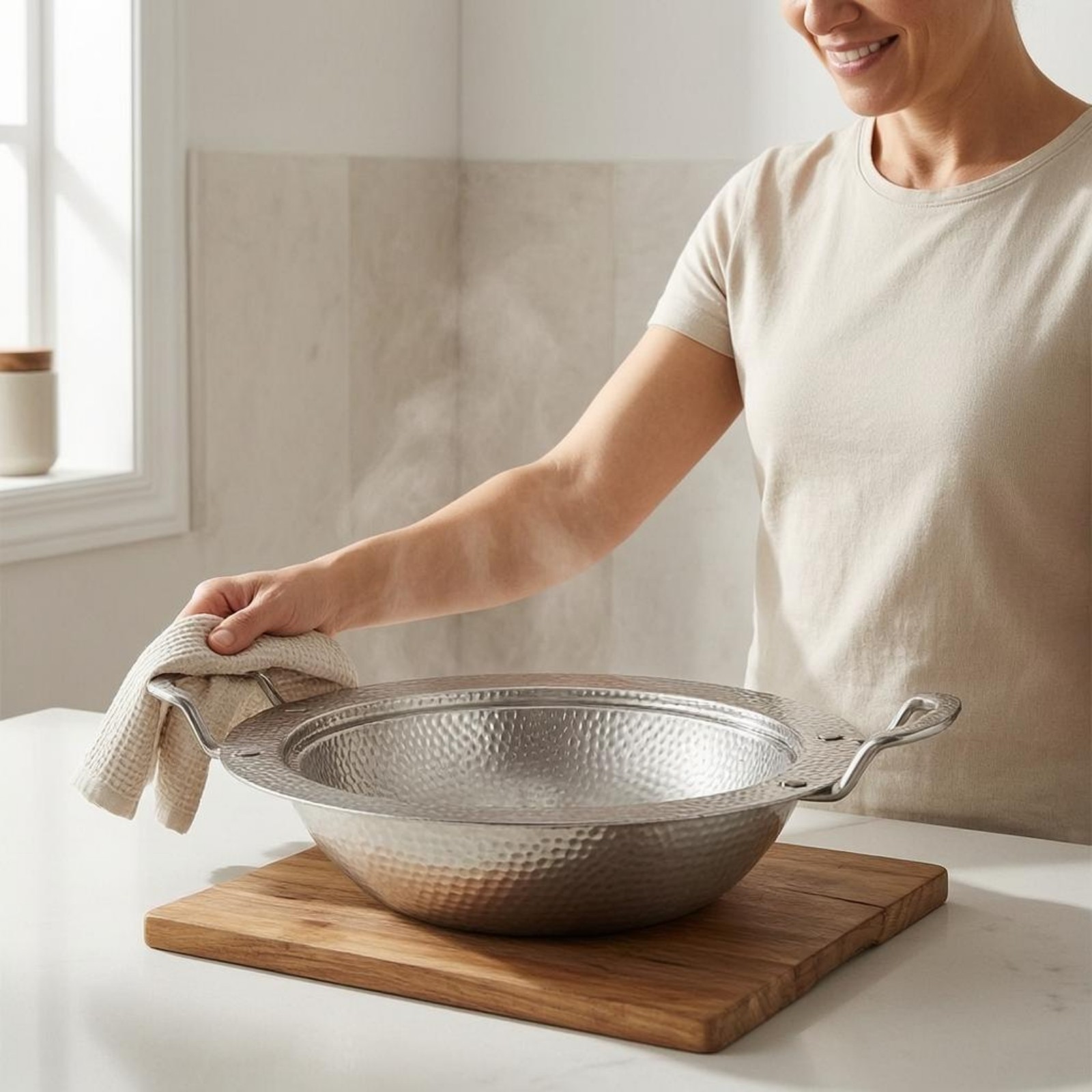 Round Stainless Steel Serving Pan One-Piece Construction for Cooking