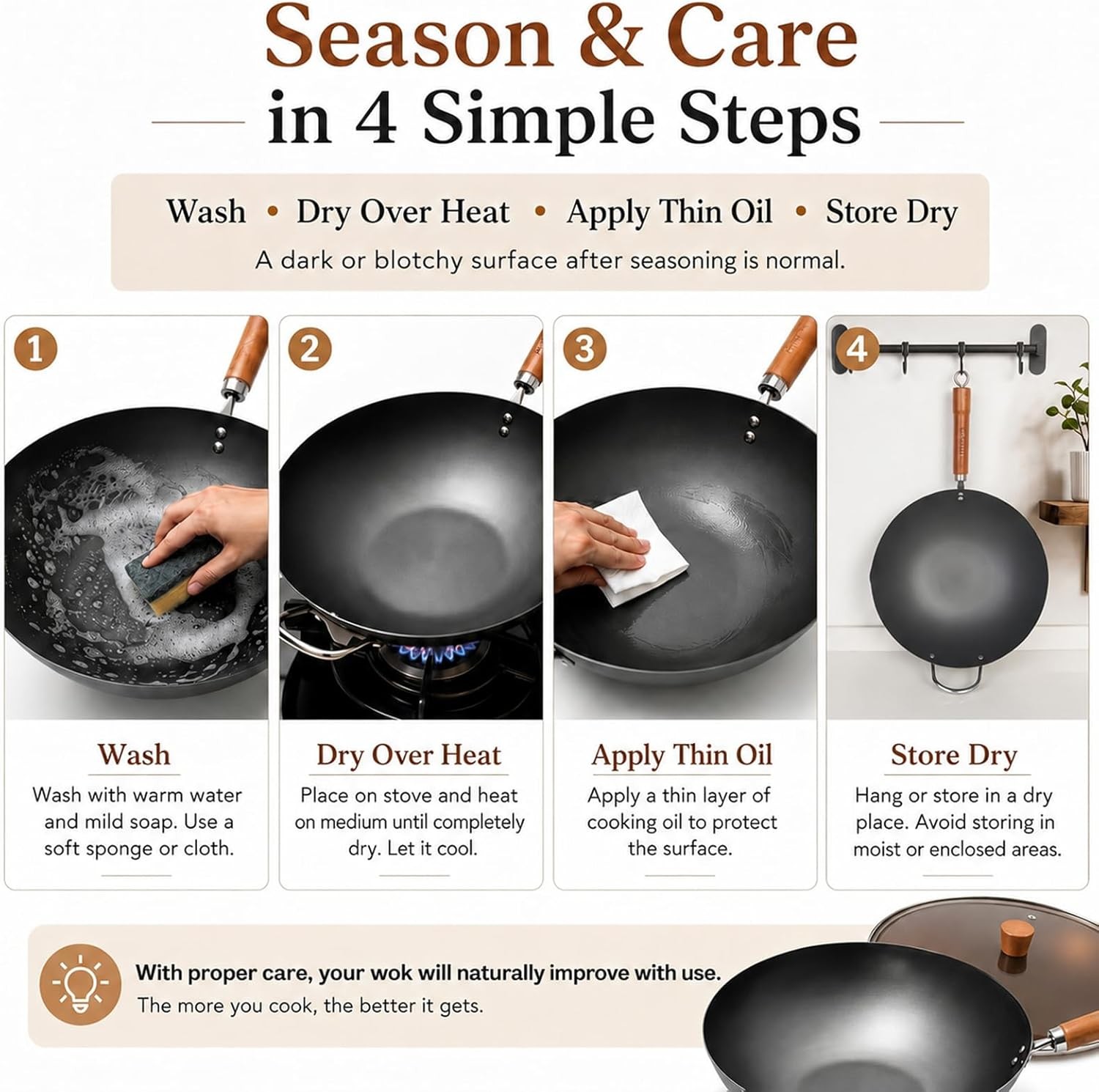 Carbon Steel Wok with Lid, 12.6 Inch Flat Bottom Wok Pan, Uncoated Stir Fry Pan
