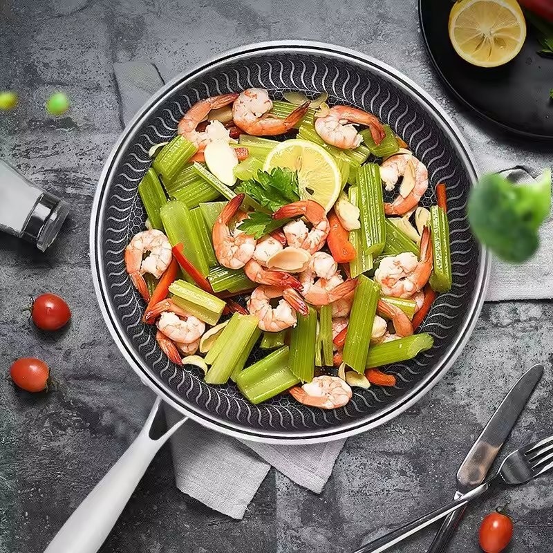 316 Stainless Steel Frying Pan Honeycomb Non-Stick Skillet Wok All Stove 26-32cm