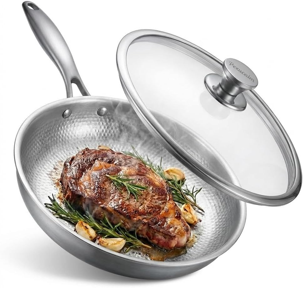 Titanium Frying Pan with Lid, 11.8″ Uncoated Hammered Skillet for Cooking, PFAS/