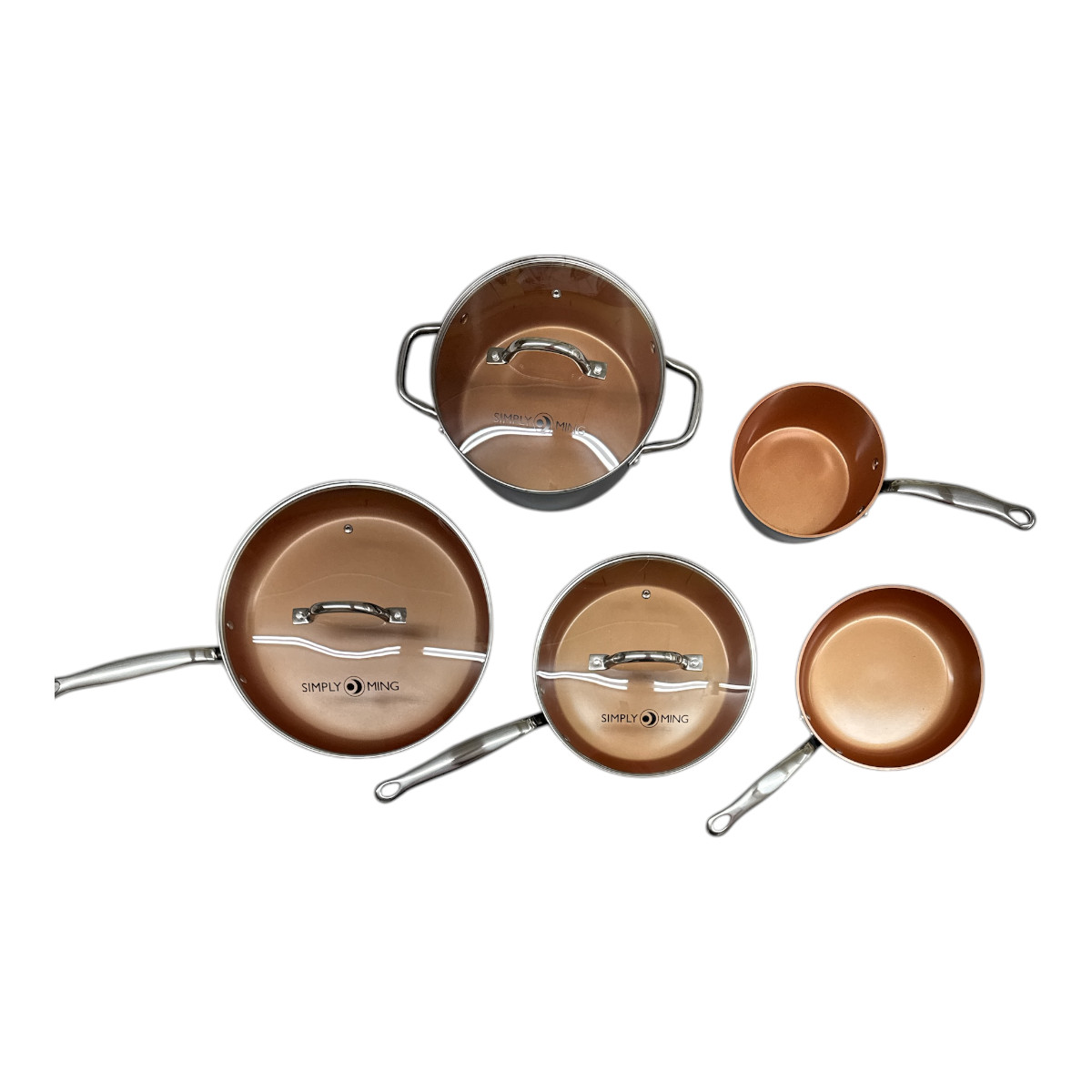 Simply Ming Technolon Ceramic Nonstick Metallic Copper Pots Pans Lids NEW Set 8
