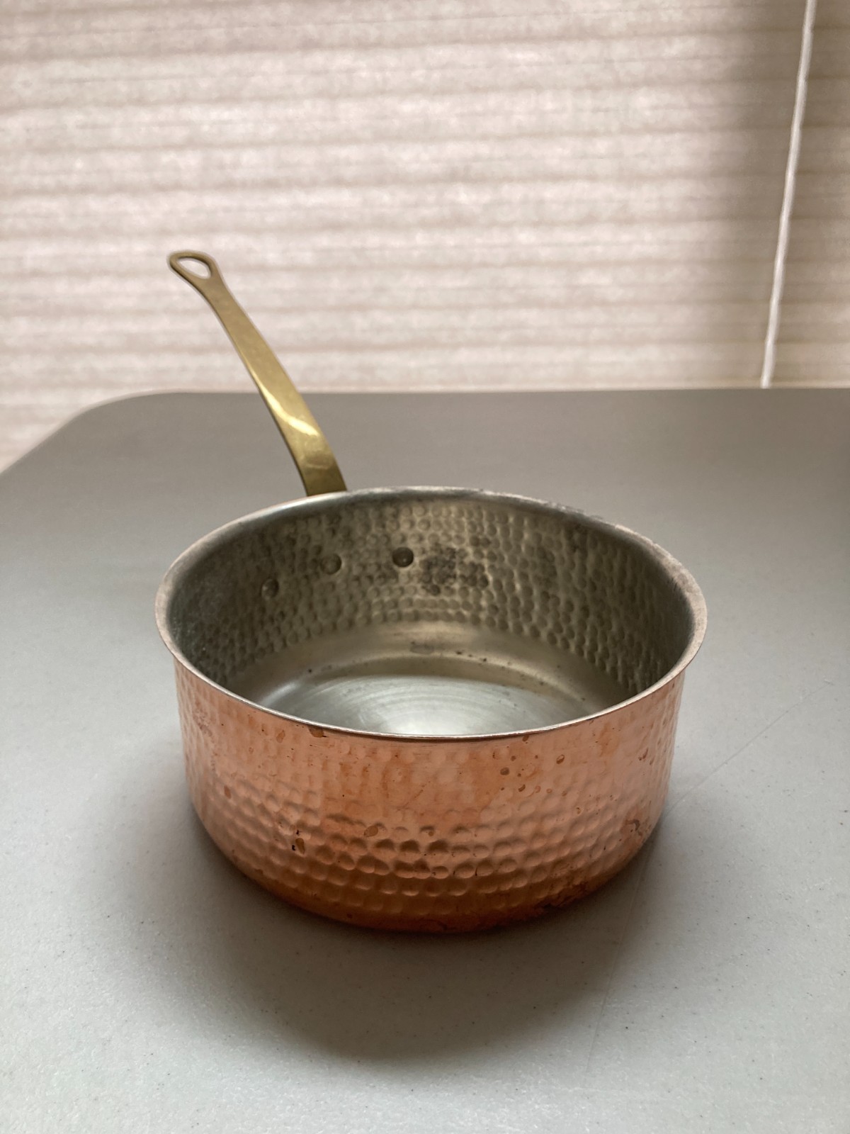Tin Lined Hammered Copper Saucepan 6.5″ Brass Handle – Light Gauge – Unmarked
