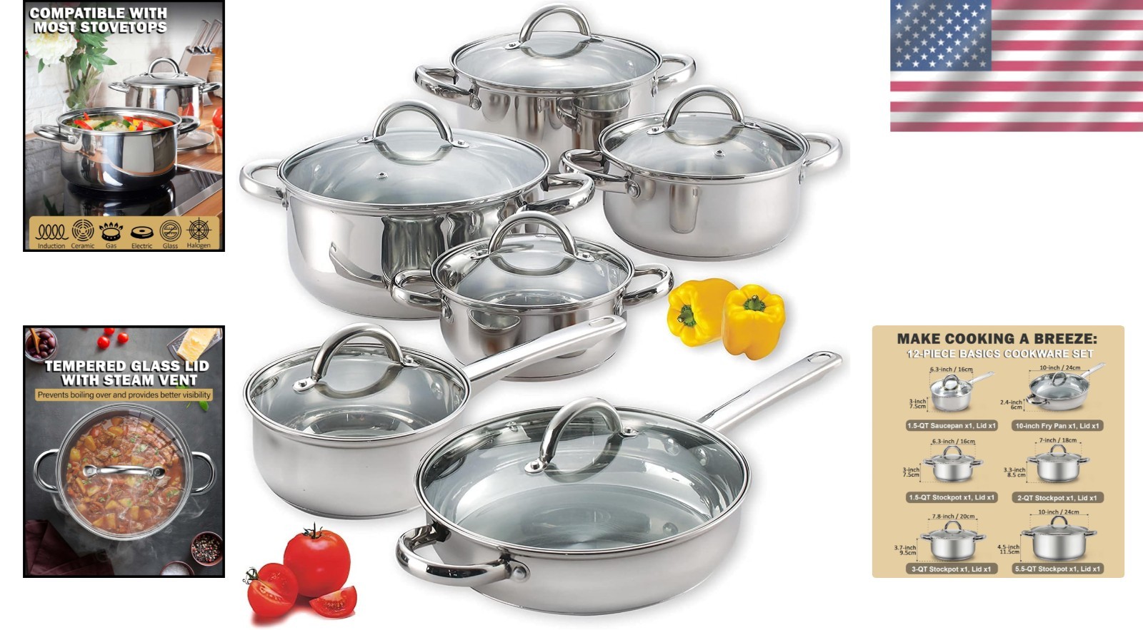 Cookware Sets Stainless Steel Pots Pans 12 Piece Induction Dishwasher Safe
