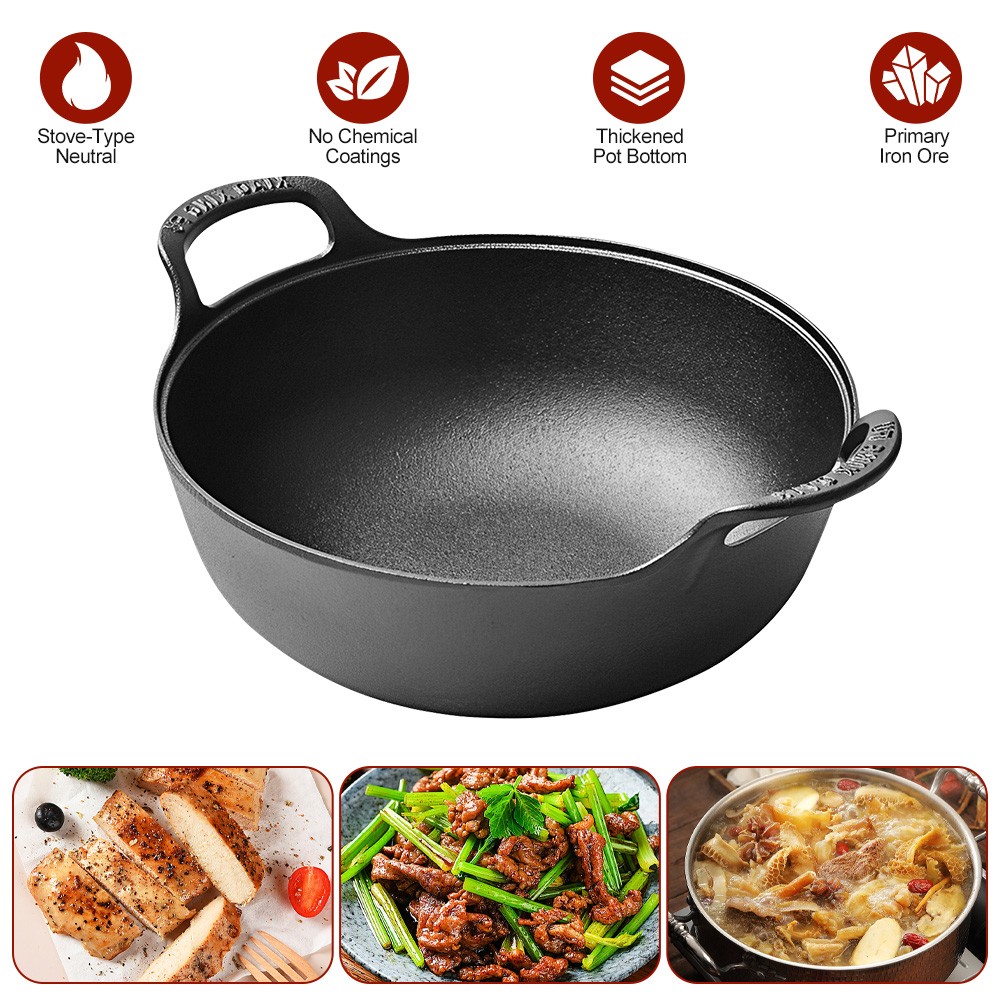 10 inch Cast Iron Wok with Handles Grilling Pan for Induction Electric Gas