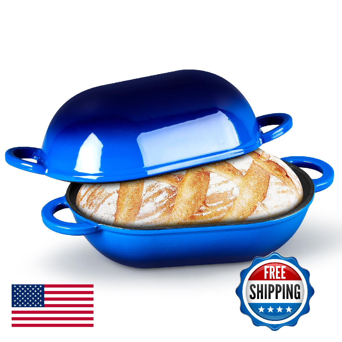 TeamFar Enameled Cast Iron Bread Loaf Pan, 2 QT Oval Dutch Oven with Lid for Sou