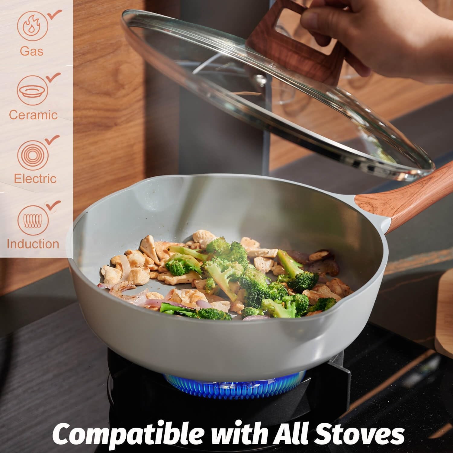 Nonstick Frying Pans With Lid, 11 Inches Skillets Deep 11inch, White