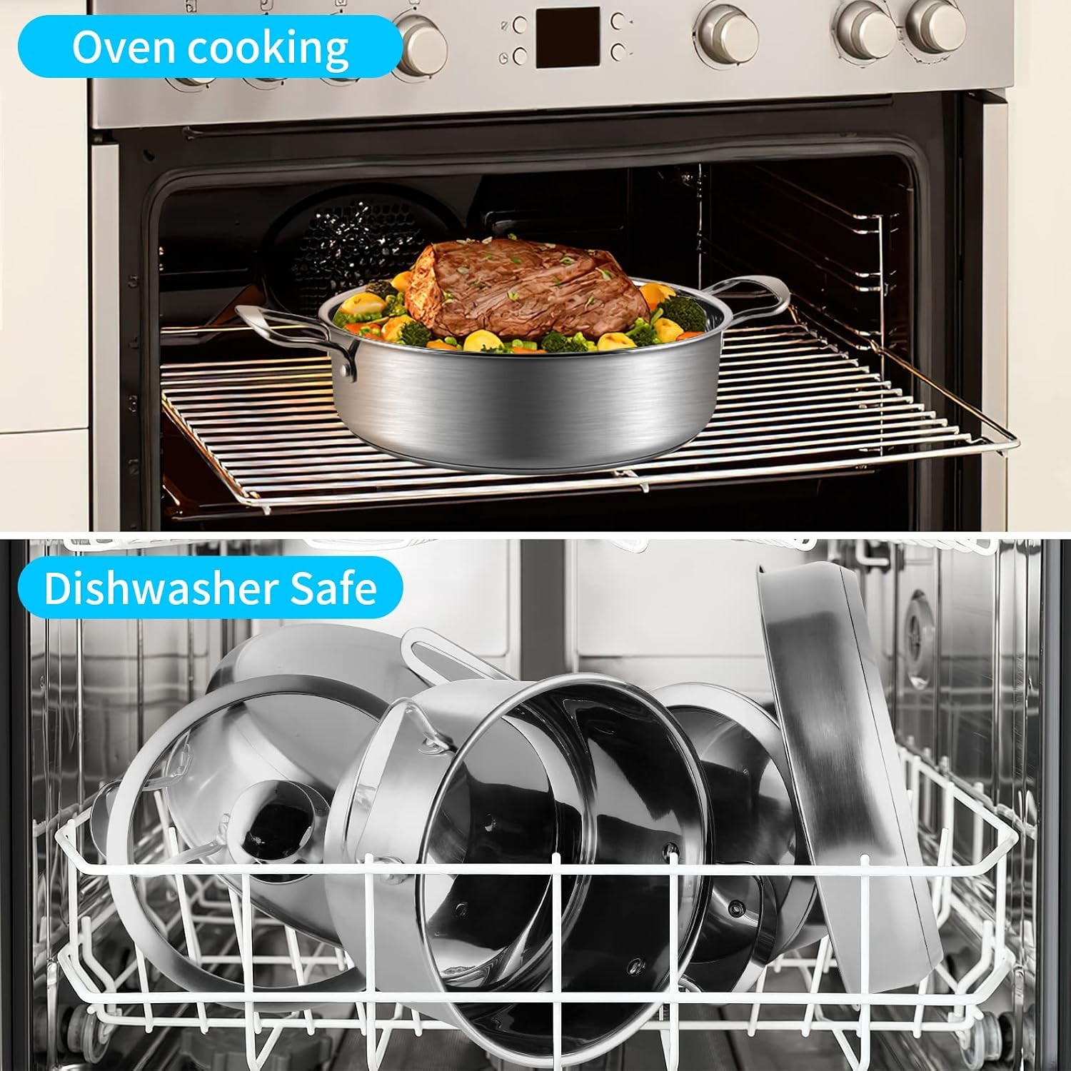 Stainless Steel Kitchen Pots Glass Lids Stay Cool Handles Induction Gas Cookware