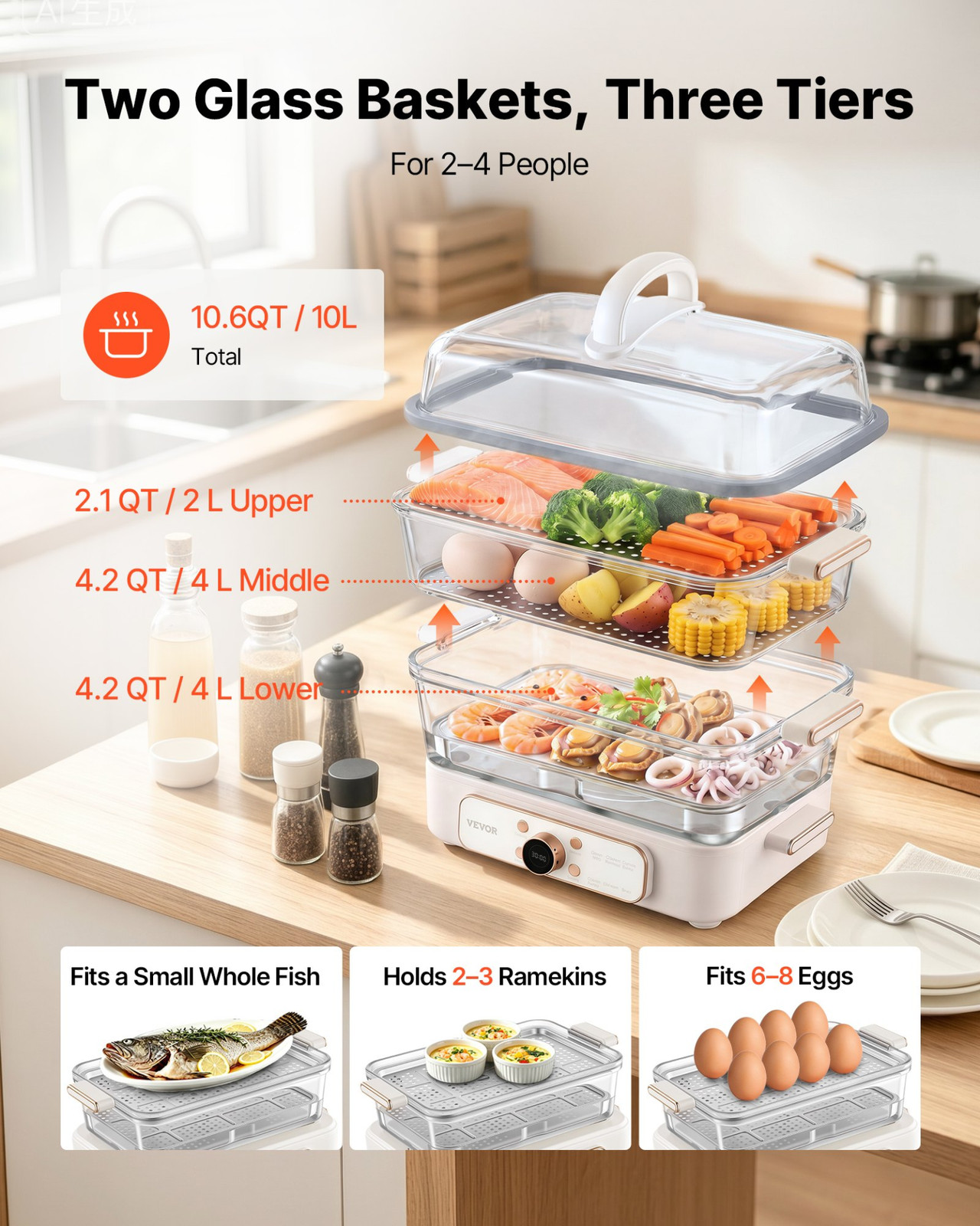 10.6QT Electric Food Steamer 3 Tier Stainless Trays 1200W White Cooker