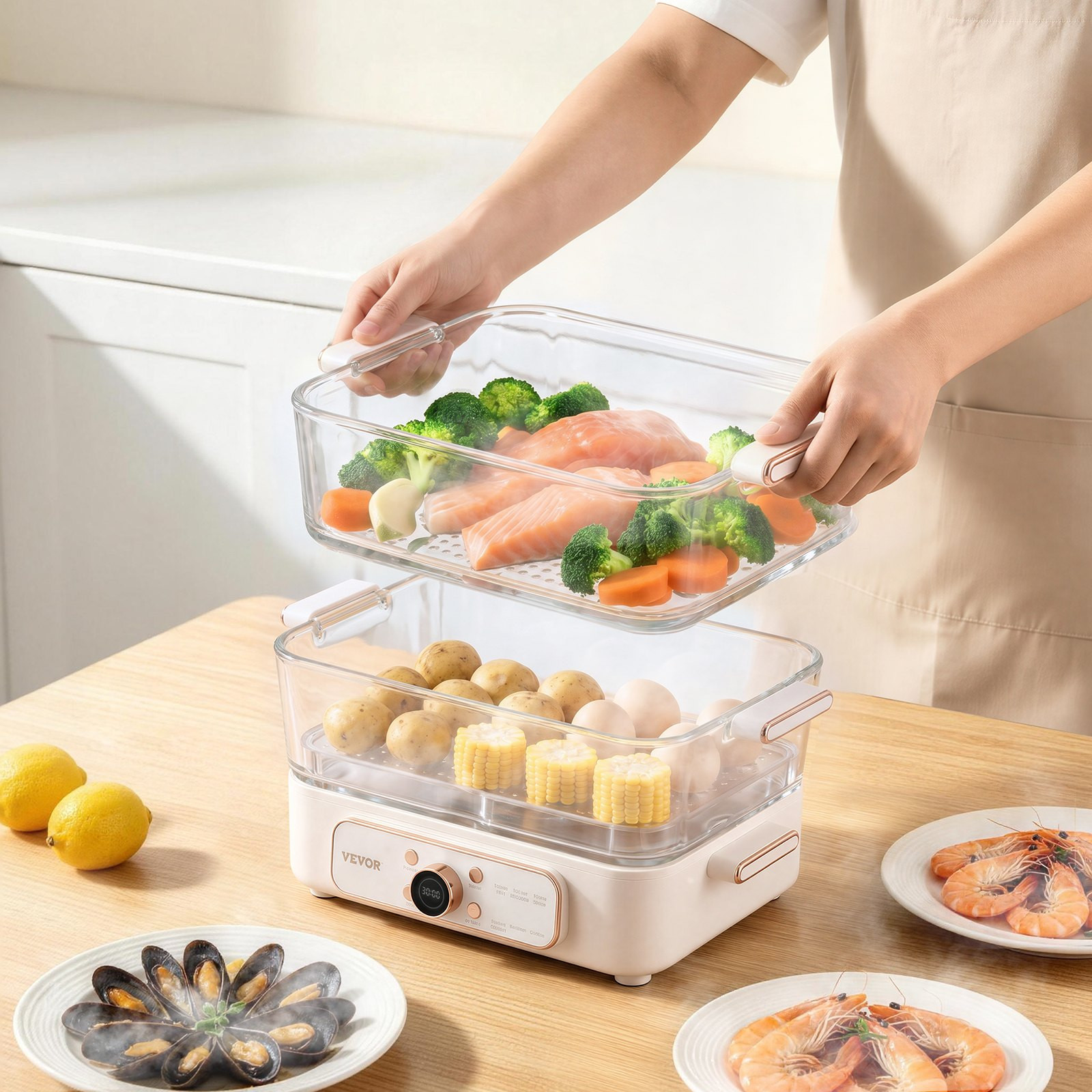 10.6QT Electric Food Steamer 3 Tier Stainless Trays 1200W White Cooker