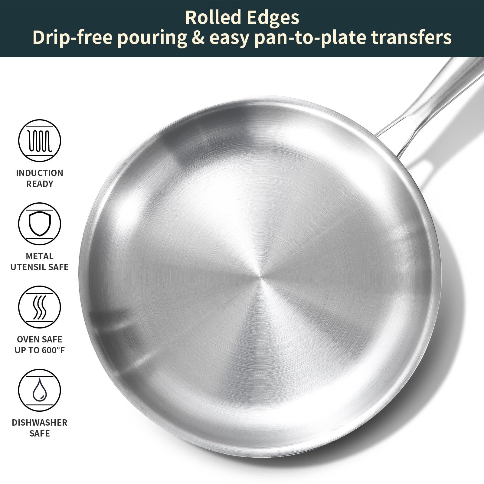 DELARLO Tri-Ply Stainless Steel Frying Pan with Lid, Compatible with All Cook…