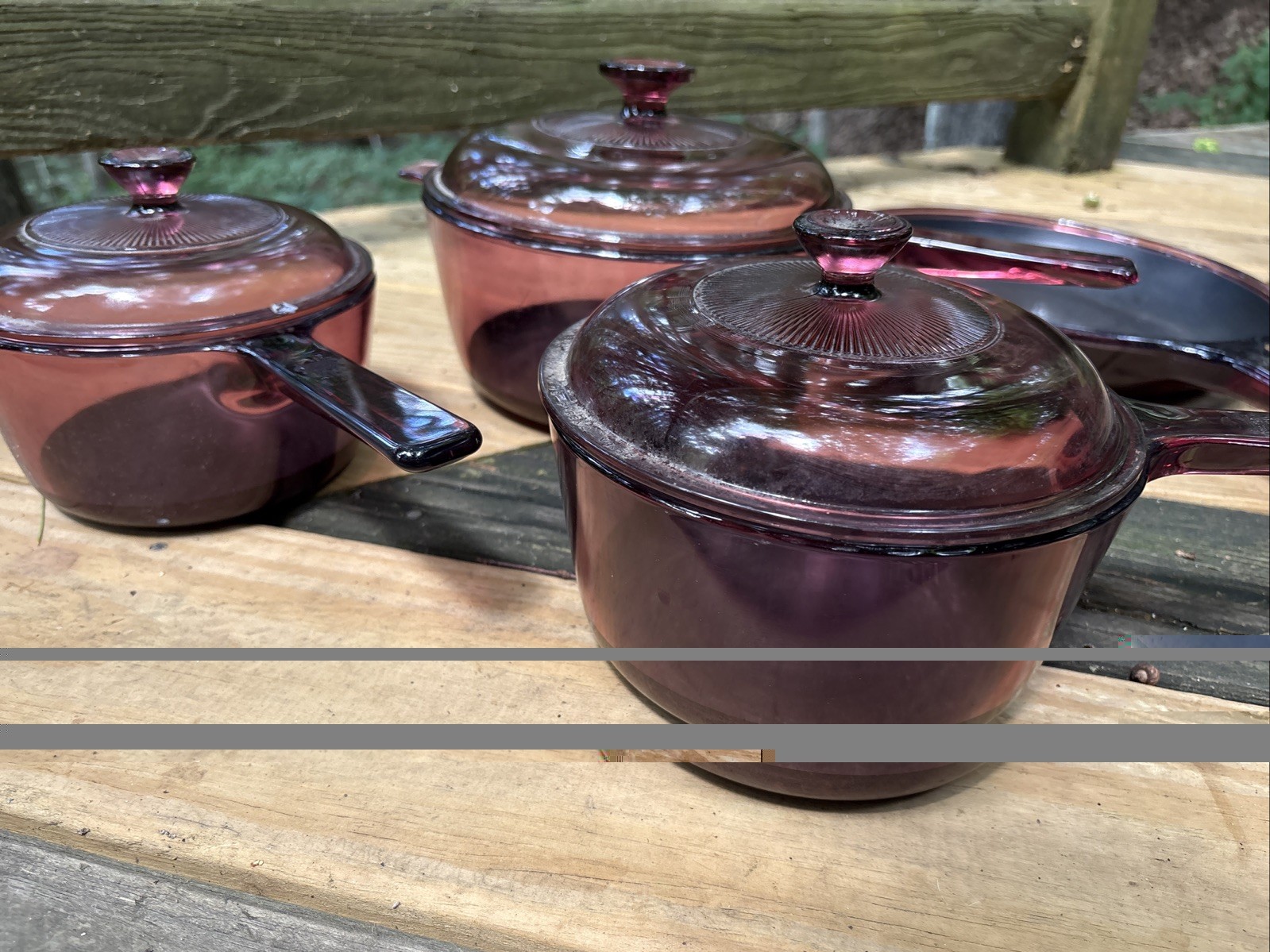 Vintage Cranberry Pyrex Vision Ware Set 1L ,1.5& 2.5L Pots w/ Lids + 10” Skillet