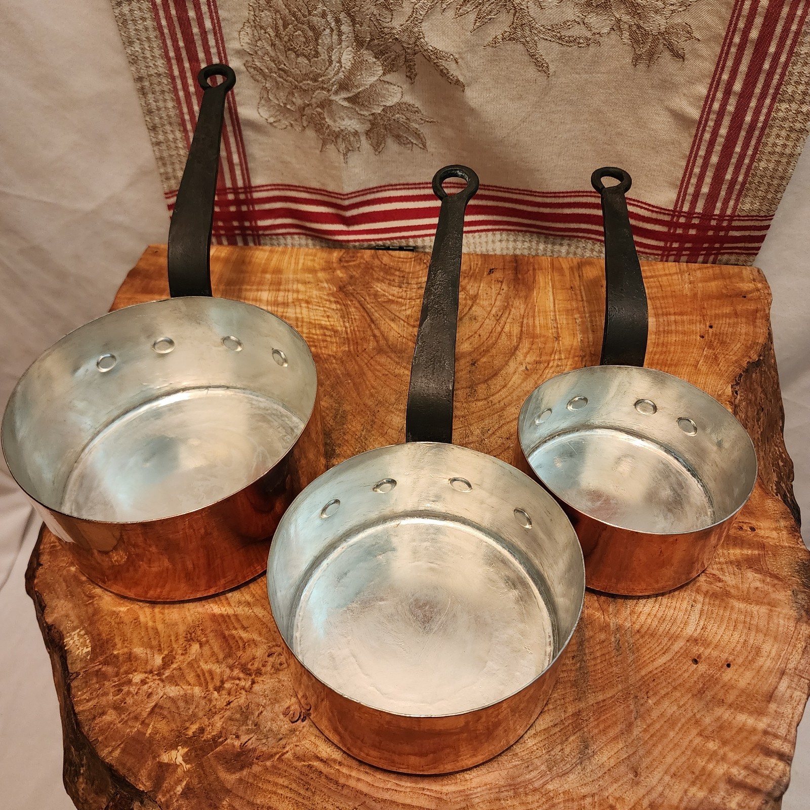 Antique Five Piece Set of Copper Saucepans 12-20cm 4.75-8 inch diameters 9.5lb