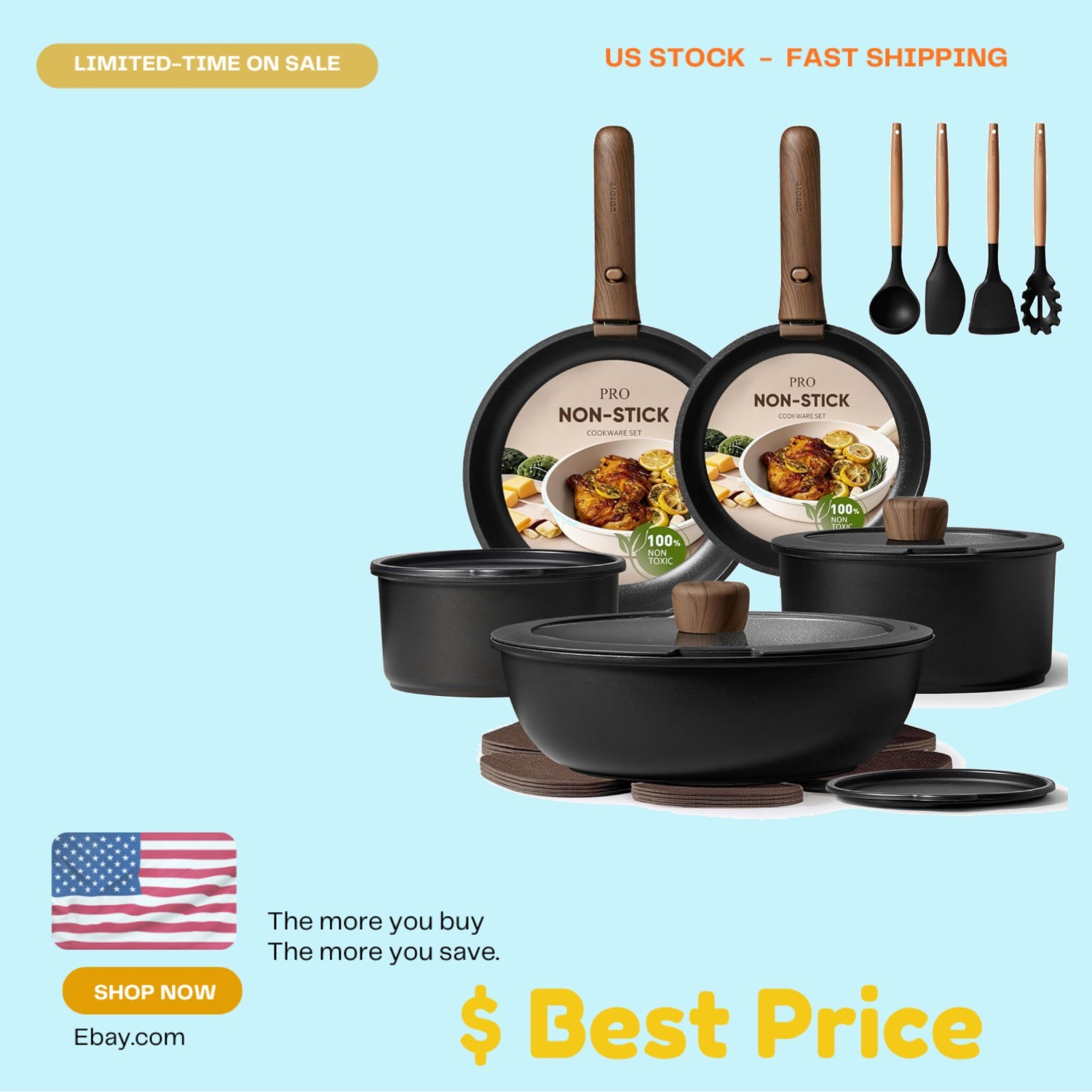 19PCS Nonstick Cookware Set w/ Detachable Handle Induction Safe Pots & Pans