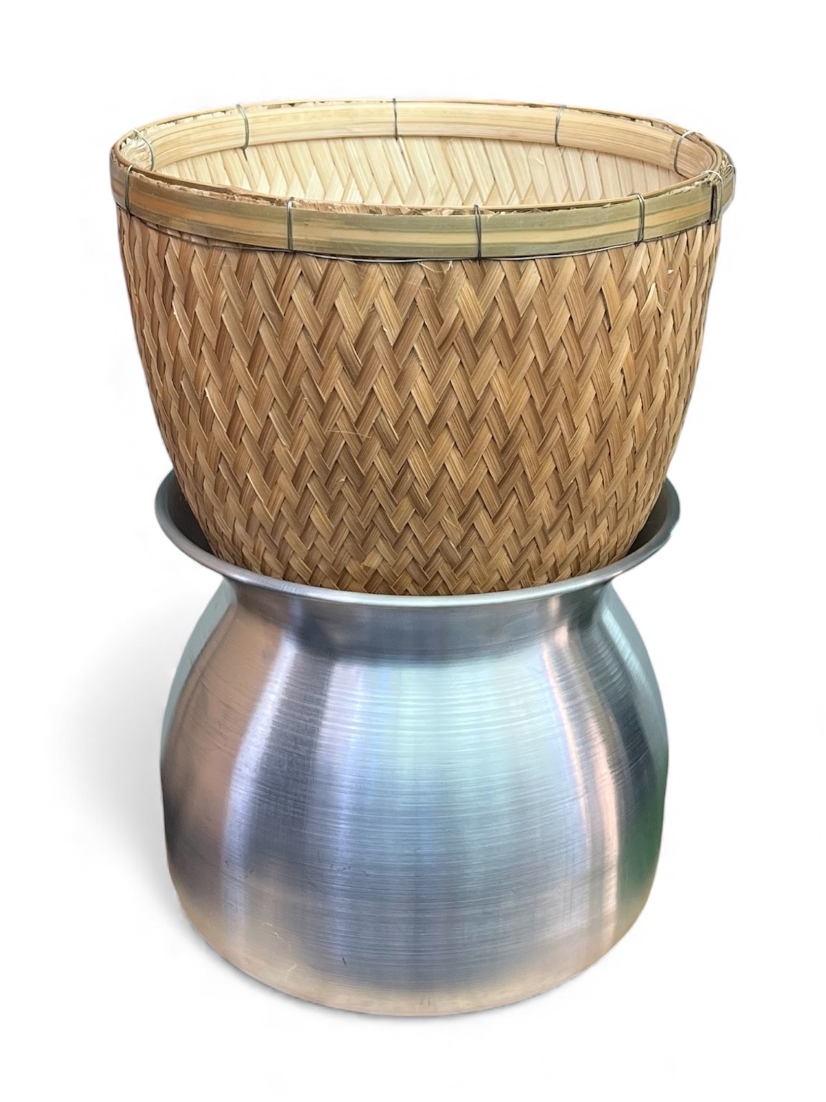 Thai Sticky Rice Steamer Set 2 pcs | 24 cm Aluminum Pot + 26 cm Bamboo Basket |