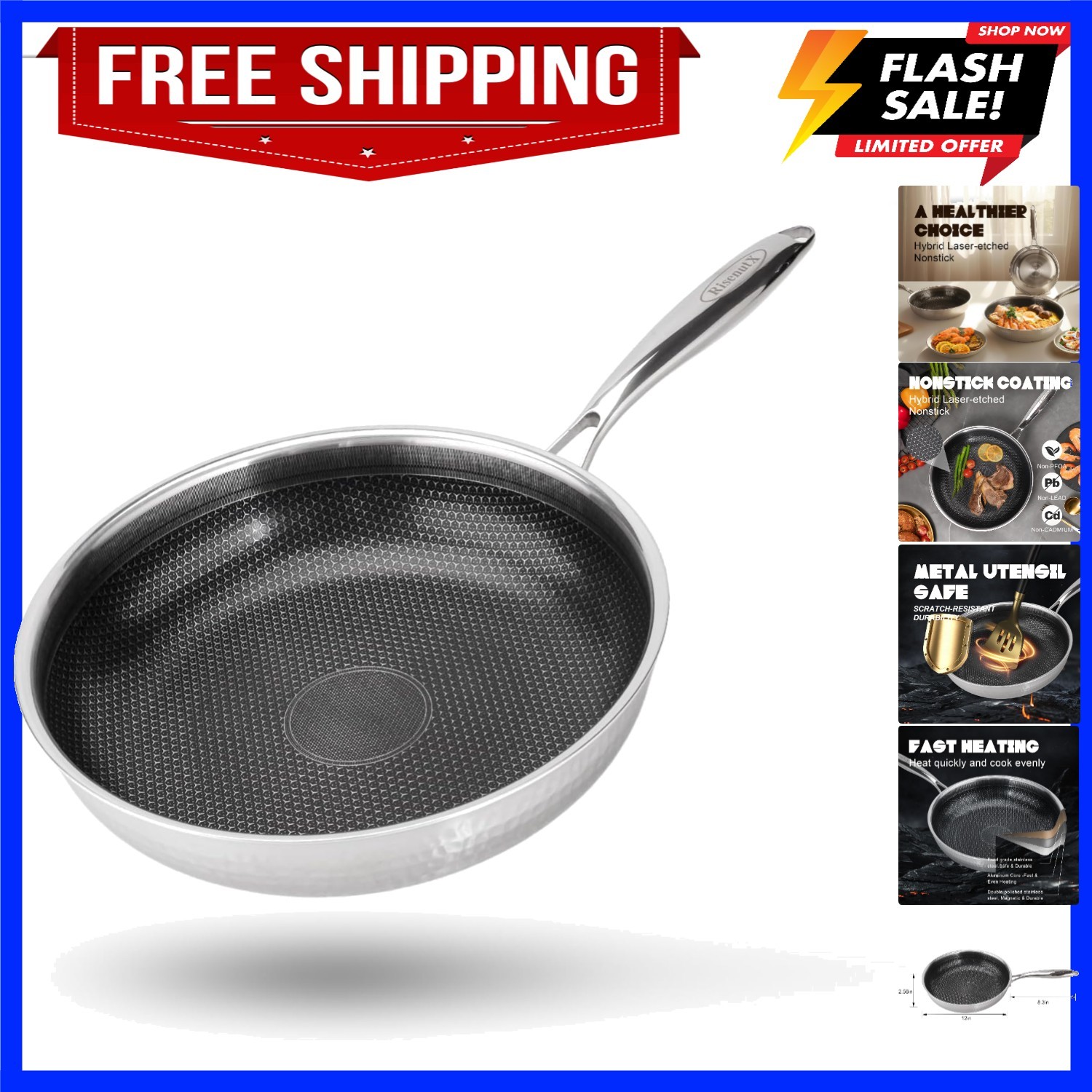 Hybrid 12 inch Stainless Steel Non Stick Skillet,Frying Pans Nonstick, PFOA F…