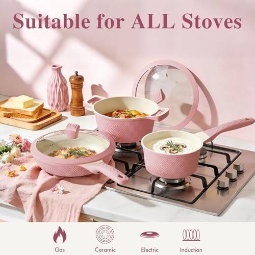 Pots and Pans Set Non Stick, 26PCS Nonstick Cookware Set, Induction Cook Pink