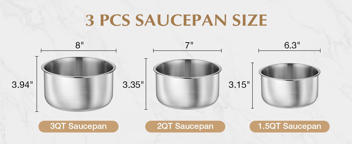 18/10 Stainless Steel Saucepan Set Removable Handle, 1.5QT & 2QT & 3QT Sauce Pan