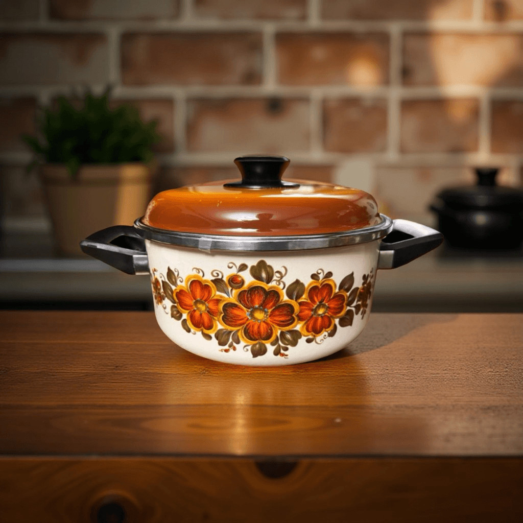 4 PC Vintage 70s Enamelware Pot & Handled Pan Harvest Gold Orange Floral Pattern