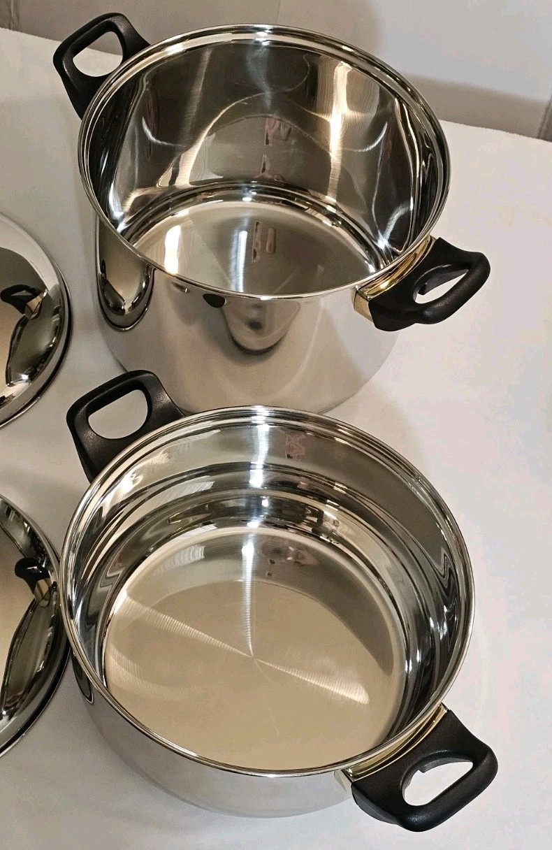 Vtg Cook Well High-quality Stainless Steel Pots & Pans W/Gold Plating -Set Of 11