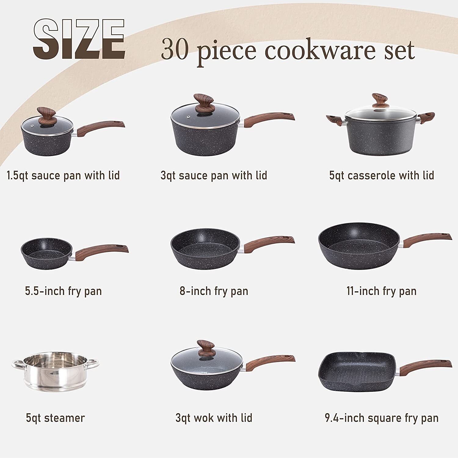 30 Pieces Cookware Set Nonstick Granite Coated Pots and Pans Set Bakeware Set US