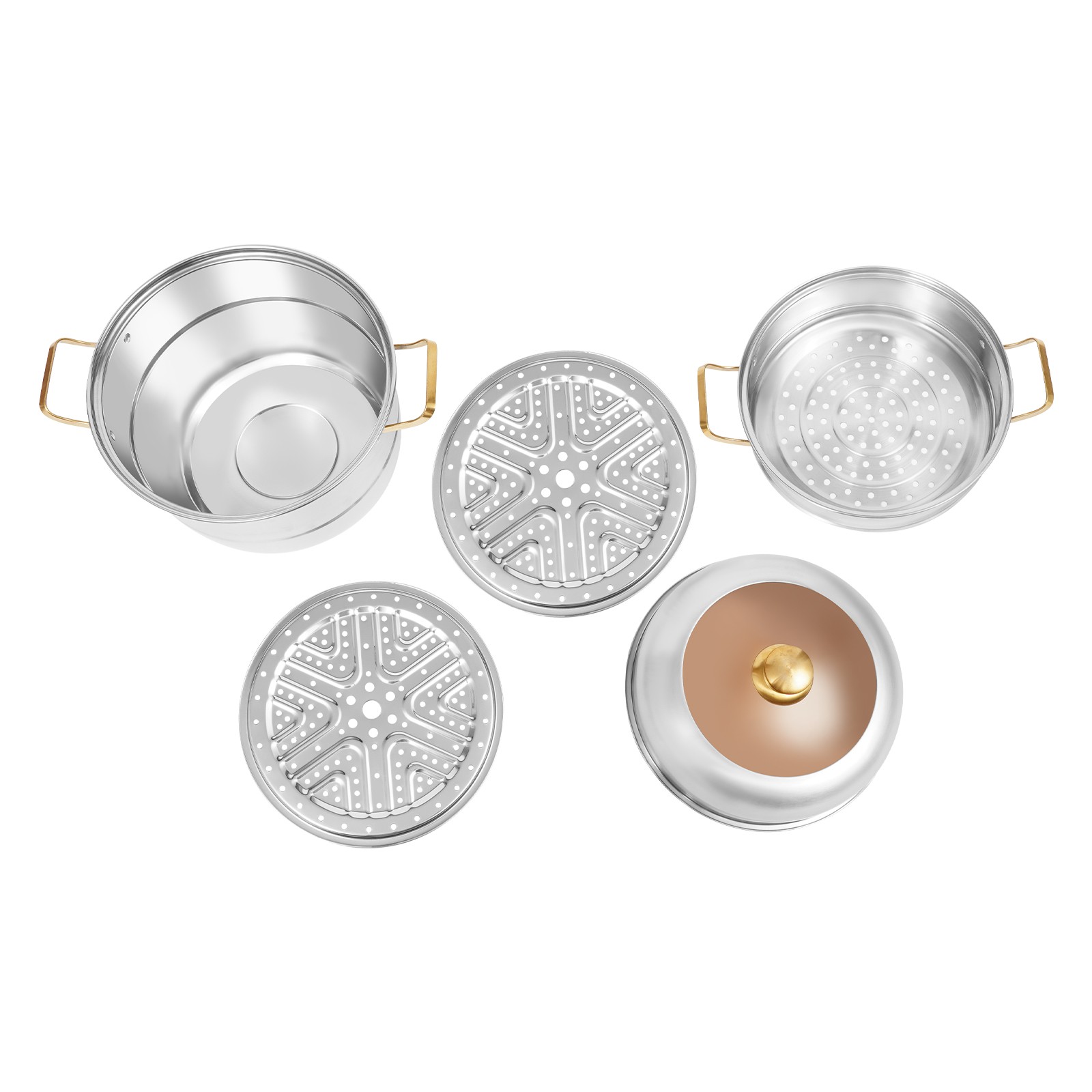 Steam Cooker, Stainless Steel Steam Cooker, 3-tier Steam Cooker Silver+Gold
