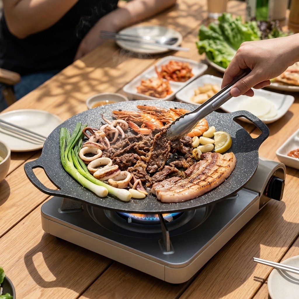 11 Inch Round Cast Iron Korean BBQ Griddle Pan Non-Stick with Handles