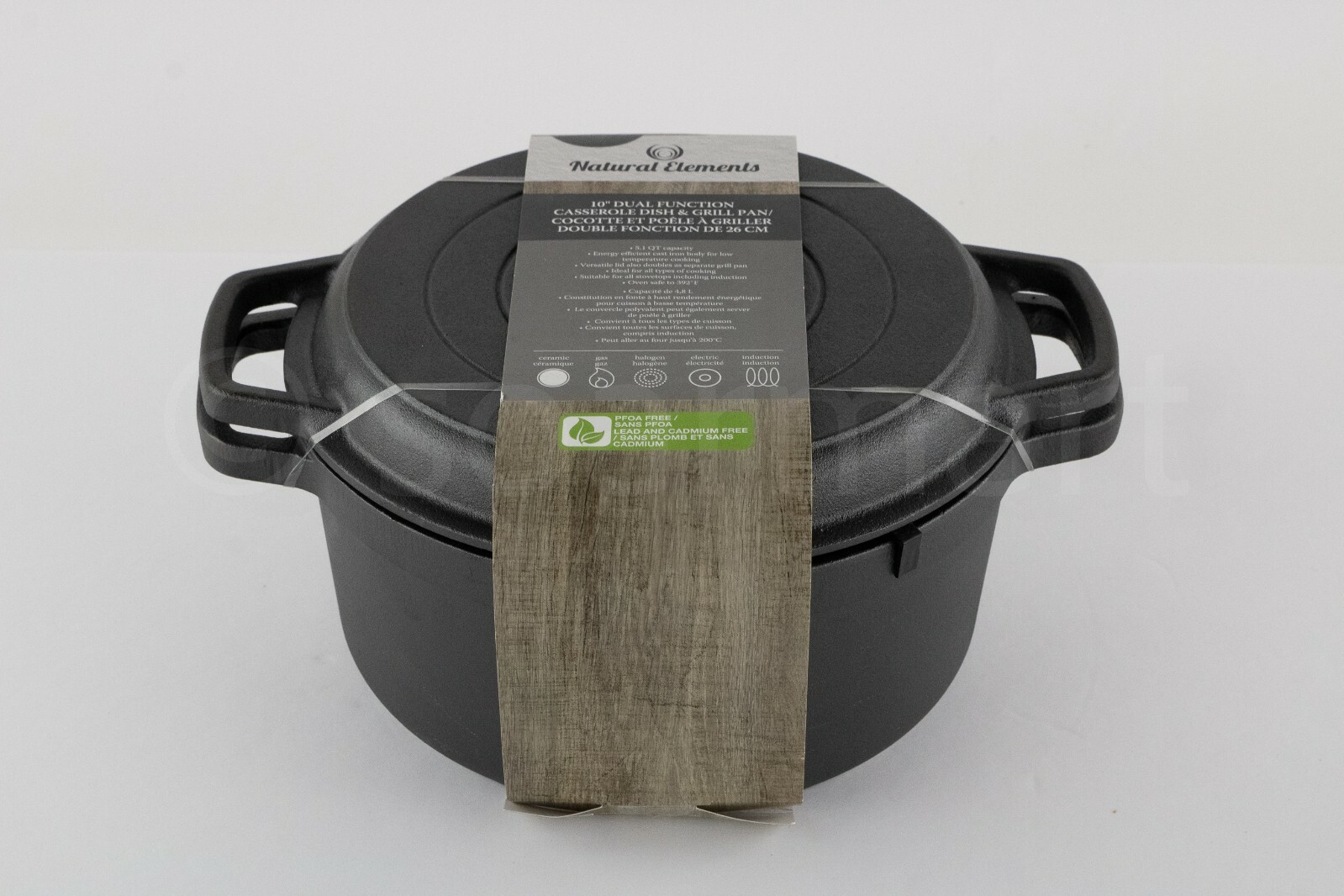 Natural Elements Cast Iron Casserole Grill Pan Top 5.1-qt 10 In Dual Function