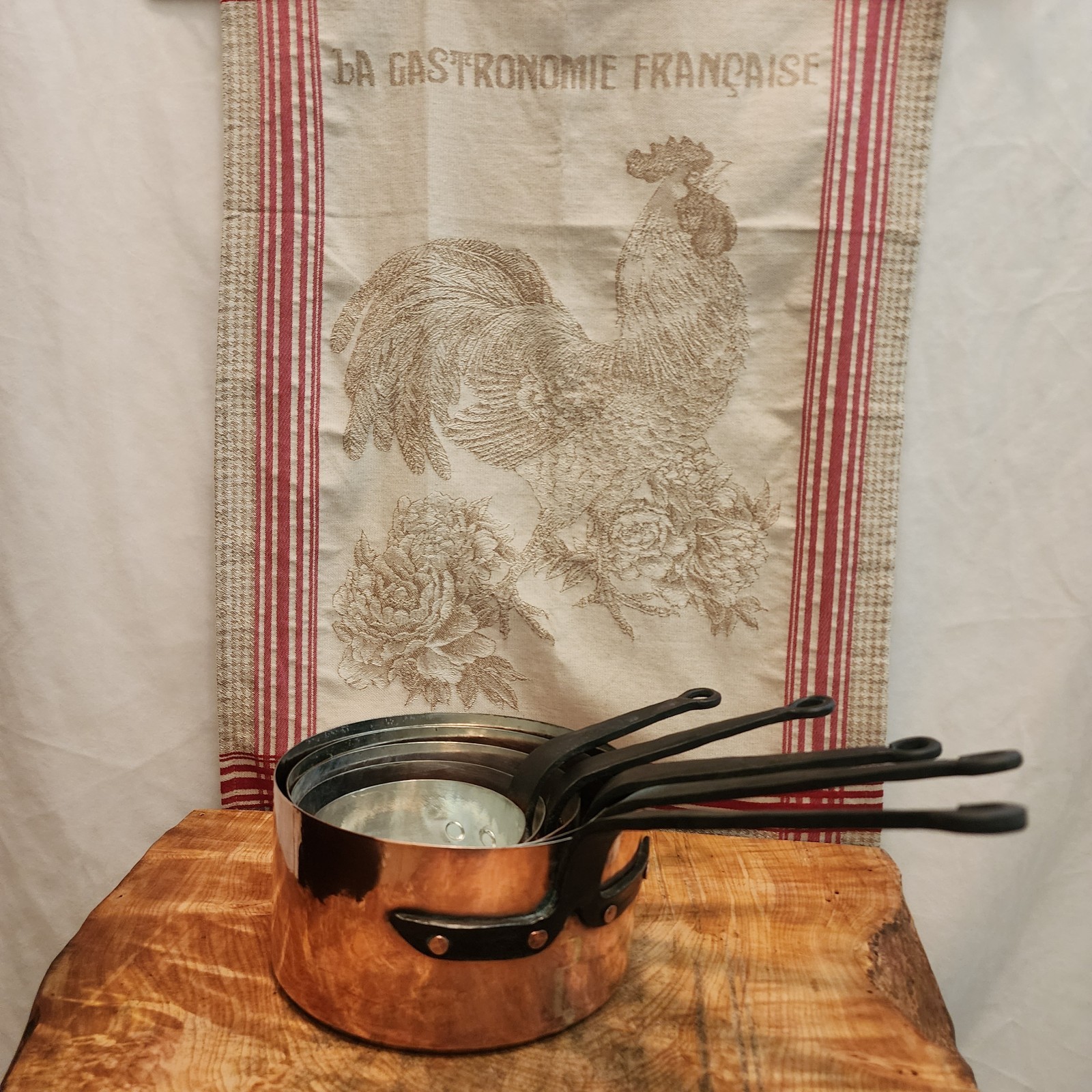 Antique Five Piece Set of Copper Saucepans 12-20cm 4.75-8 inch diameters 9.5lb