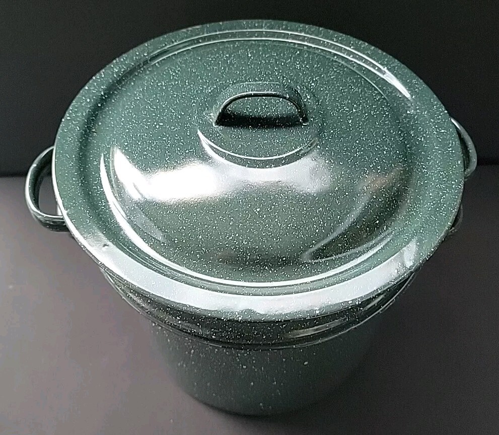 Green Enamelware MCM Speckled Stockpot Cookware with Lid 5 Pc (distressed) rare