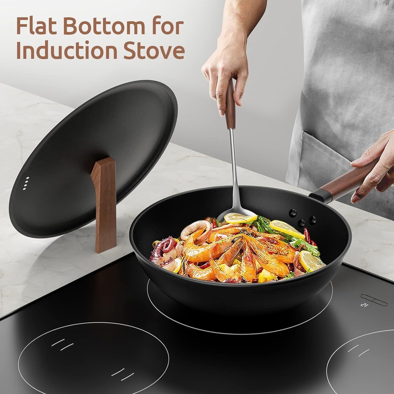 Carbon Steel Wok 13-Inch Pre-Seasoned Non-Stick w/ Lid Spatula Flat Bottom Cook