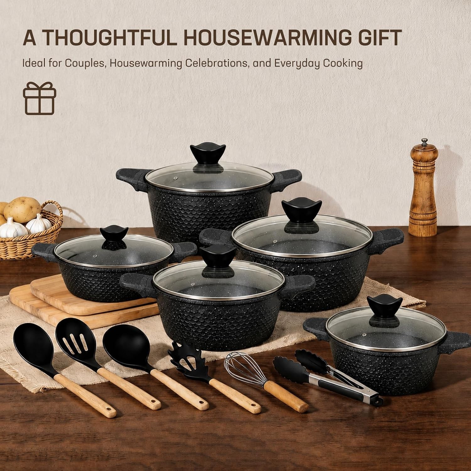 16PCS Cookware Set – Home Nonstick Stock Pot with Glass Lid, Pots and Pans Set,