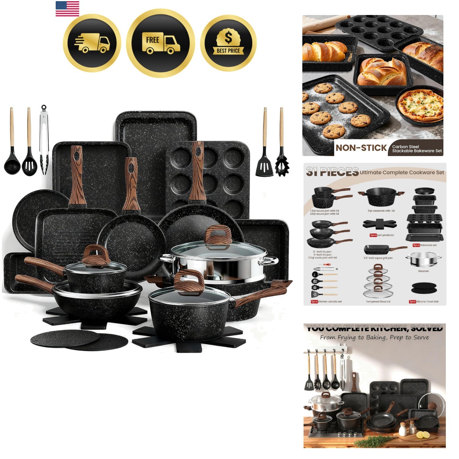 Pots and Pans Set Non Stick, 31 Piece Kitchen Induction Cookware & Bakeware S…