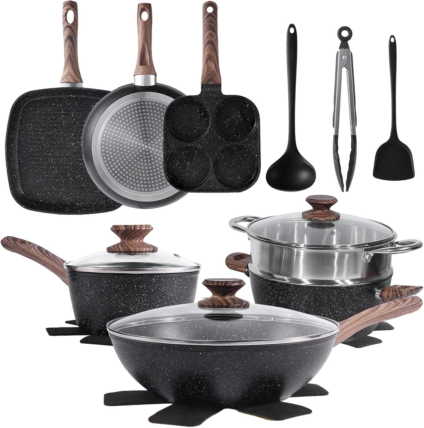 17 Pcs Nonstick Pots and Pans, Non-toxic Kitchen Cooking Set with Stay-Cool