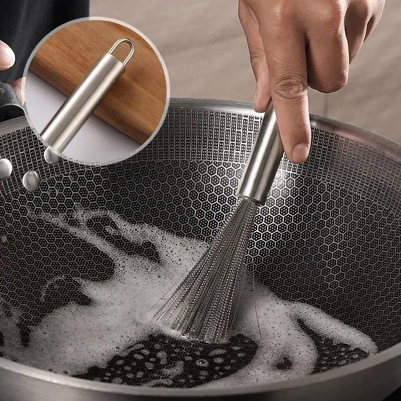 Stainless Steel Kitchen Cleaning Brush Long Handle Pot Scrubber
