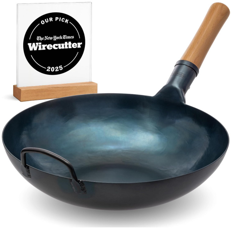 Wok Acero Carbono Azul 13,5″ Fondo Plano Apto Inducción Gas Camping BBQ, Nuevo