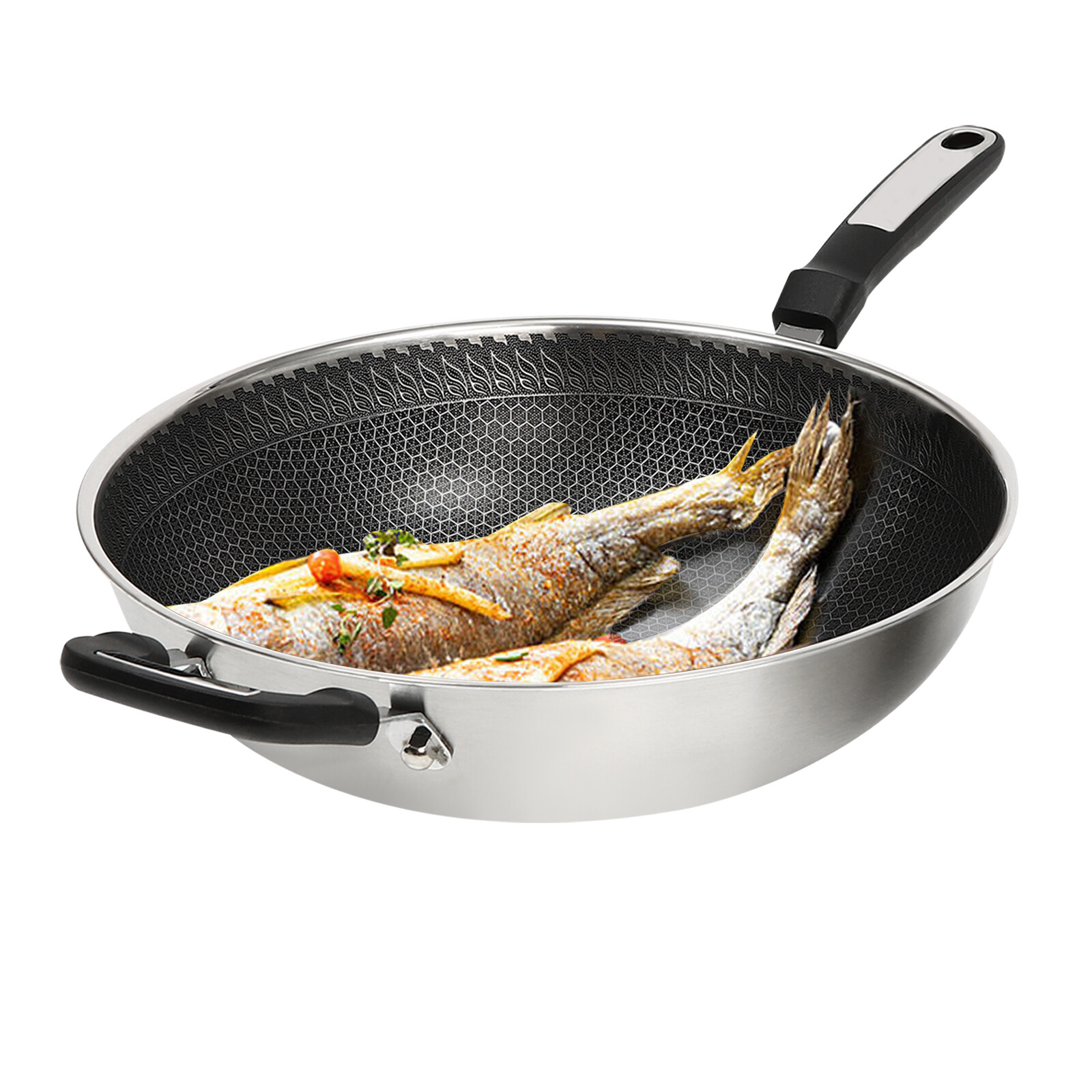 32cm Cooking Nonstick Honeycomb Wok Pan w/Lid & Stainless Steel Steamer Pot