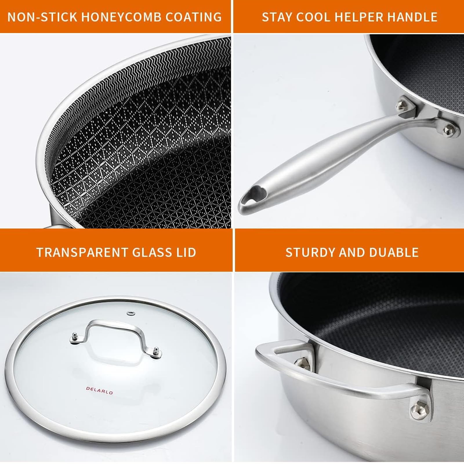 DELARLO Frying Pan,12 inch Tri-Ply Stainless Steel Skillet,6 Quart Saute Pan …