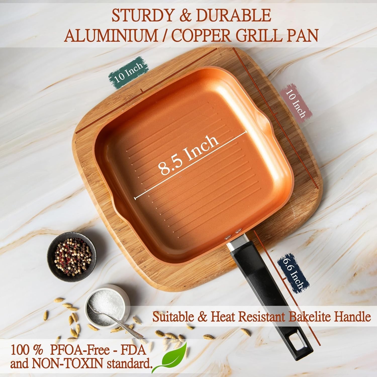 9.5″ Square Grill Pan Nonstick Copper Frying Pan Induction Stove Top