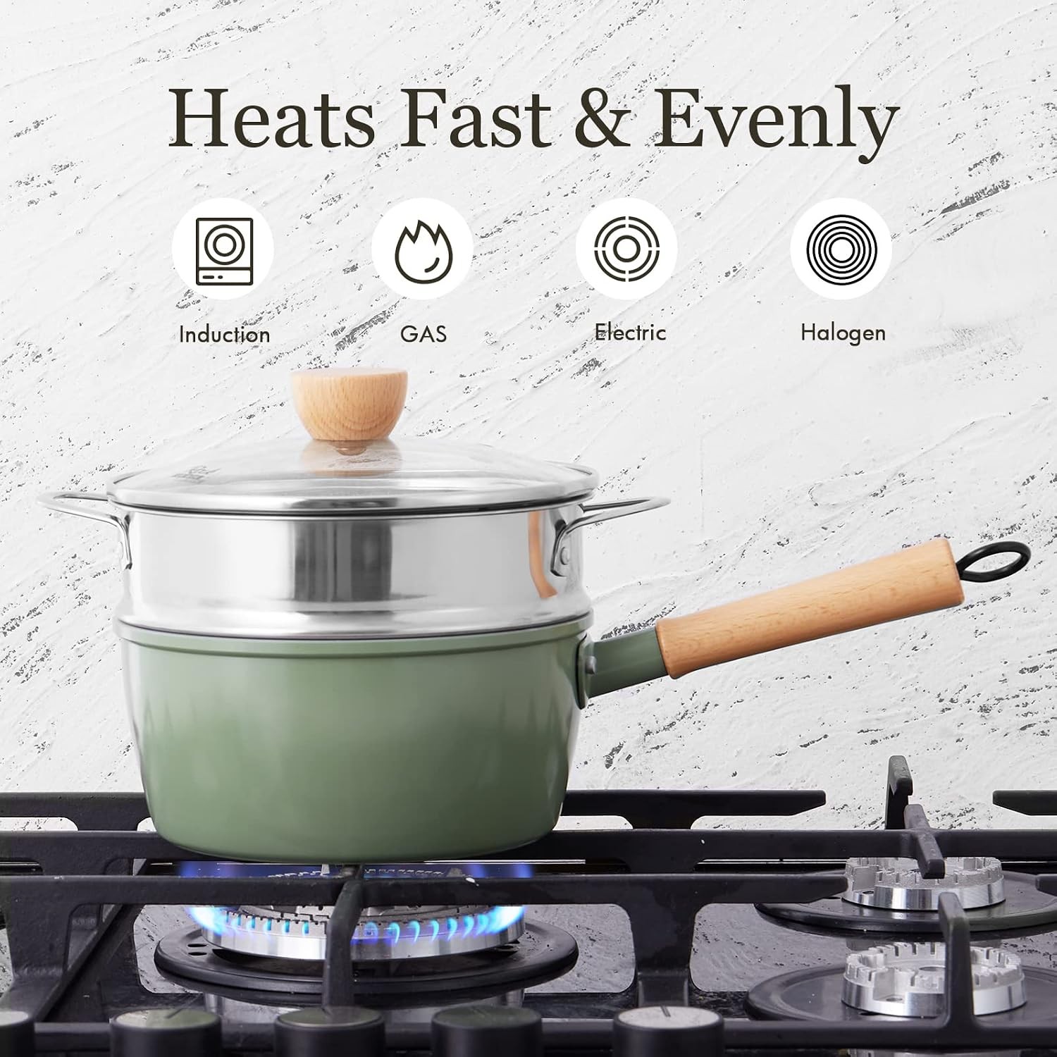 Ceramic Nonstick Sauce Pan 3 QT Pot W/ Steamer Non Toxic & PFAS-Free Wooden