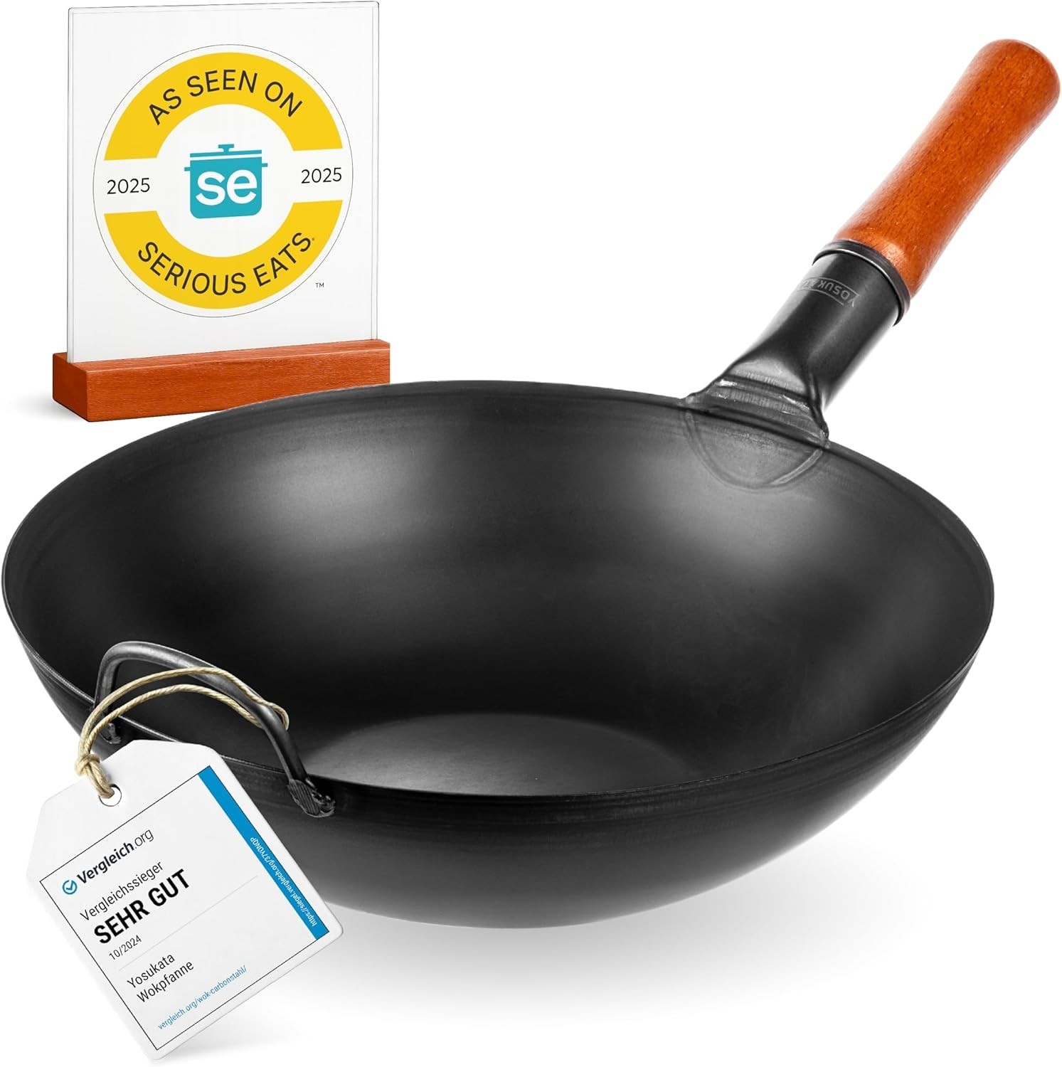 13.5″ Carbon Steel Wok Pan Pre-Seasoned Flat Bottom for Stir Fry BBQ Grill