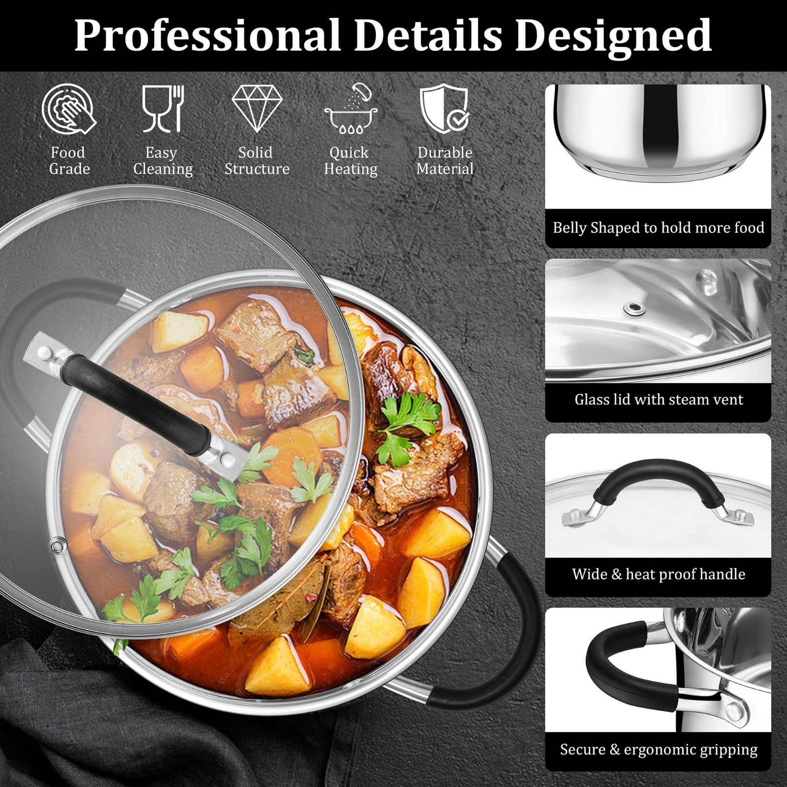4 Quart Stainless Steel Stockpot with Lid – Induction Gas Safe, Dual Handles, Di
