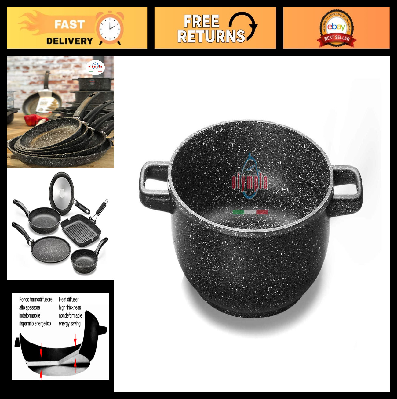 Non-Stick 9.5″ Deep Fry Pan, PFOA-Free Die-Cast Aluminum, 2 Side Handles, Italy