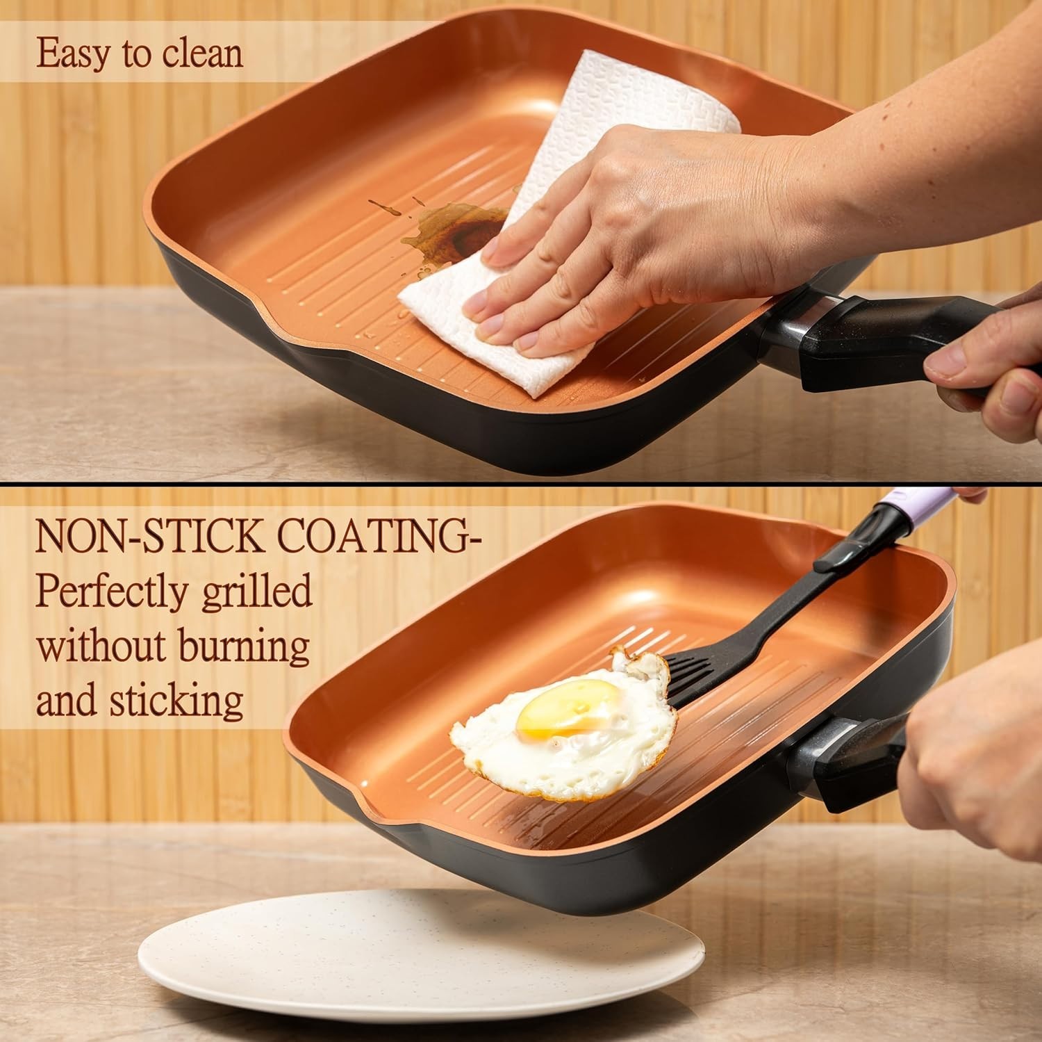 9.5″ Square Grill Pan Nonstick Copper Frying Pan Induction Stove Top