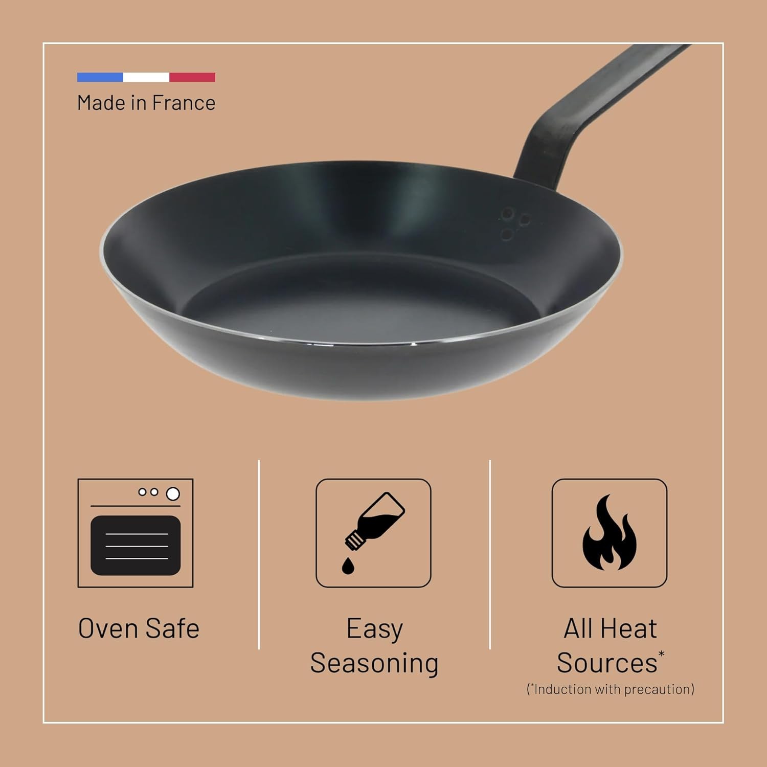 De Buyer Blue Carbon Steel Fry Pan 2mm Thick 9.5” Diameter, 6.9” Cooking Surface