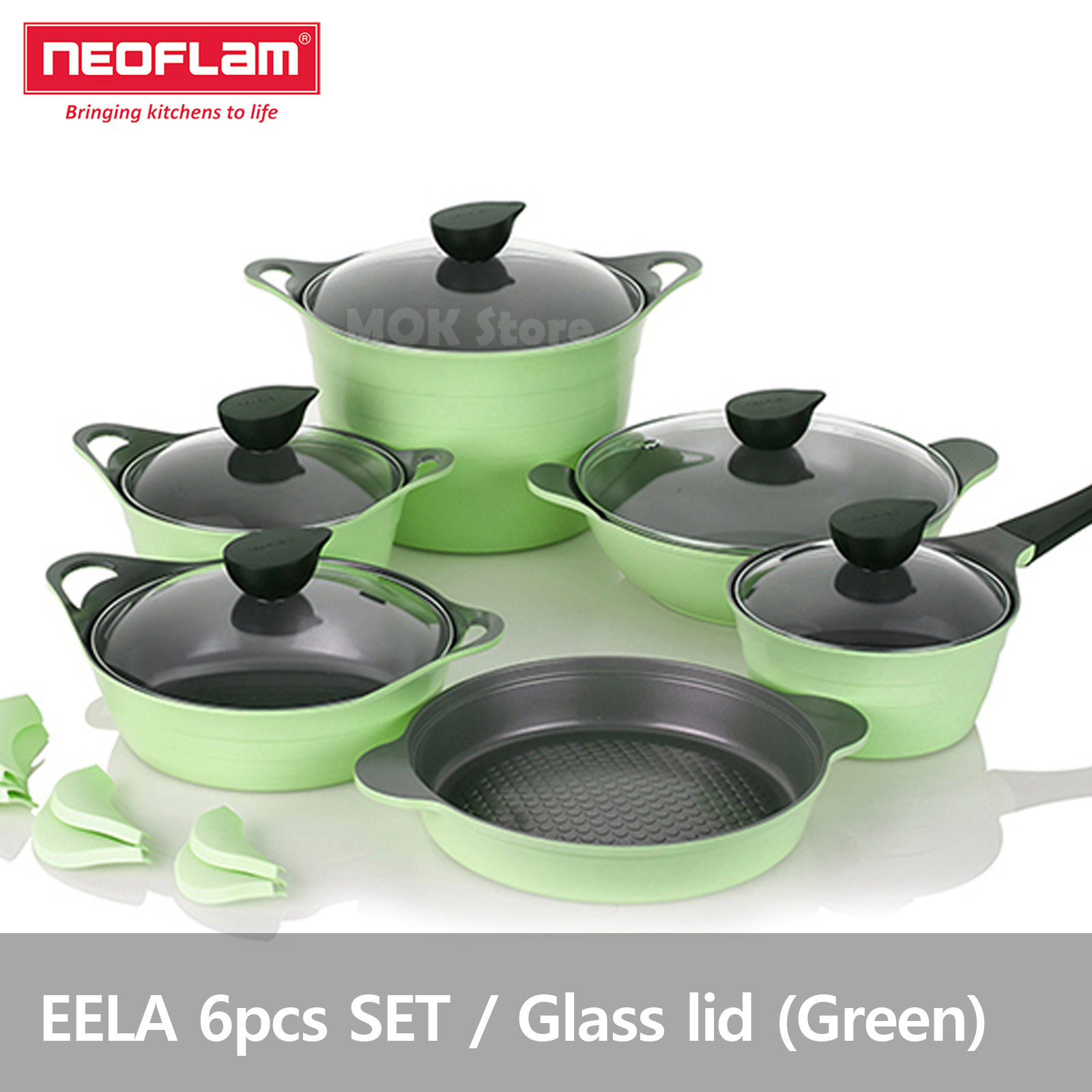Neoflam EELA aluminum 6 pcs Chef Stockpot & Wok & Multigrill Premium Set – Green
