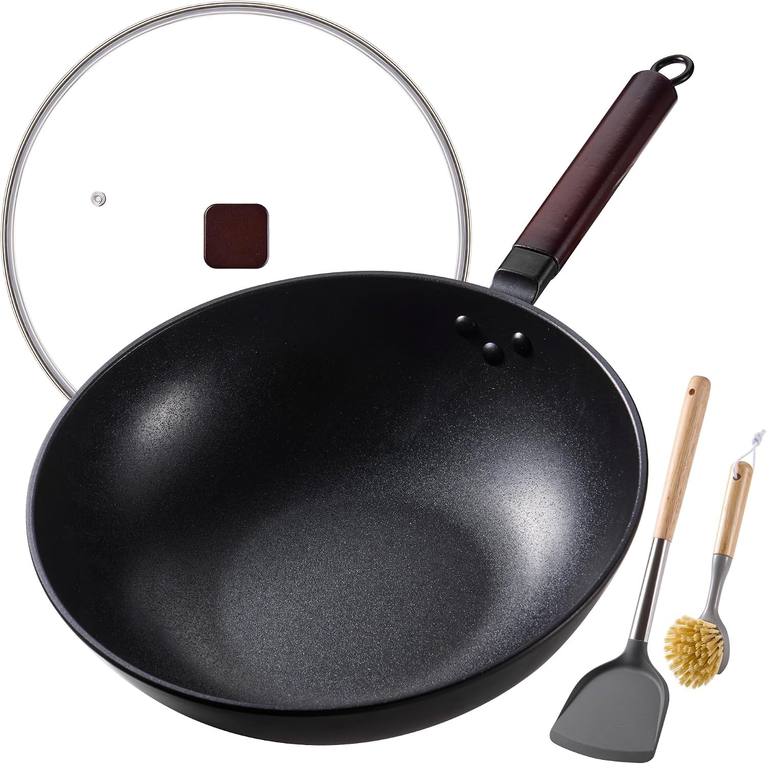 Carbon Steel Wok -13 Inch Woks & Stir-fry Pans Nonstick, Wok Pan with Lid Spa…