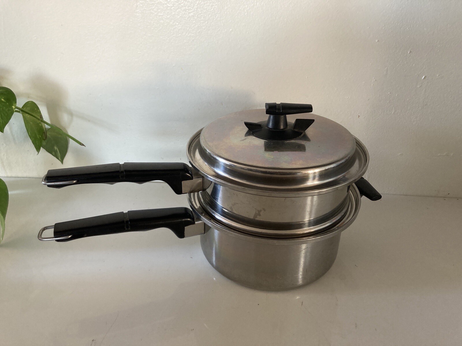 Vtg VACUMATIC 2qt SAUCEPAN w/STEAMER & VENT LID Surgical Stainless Steel 304 Flw