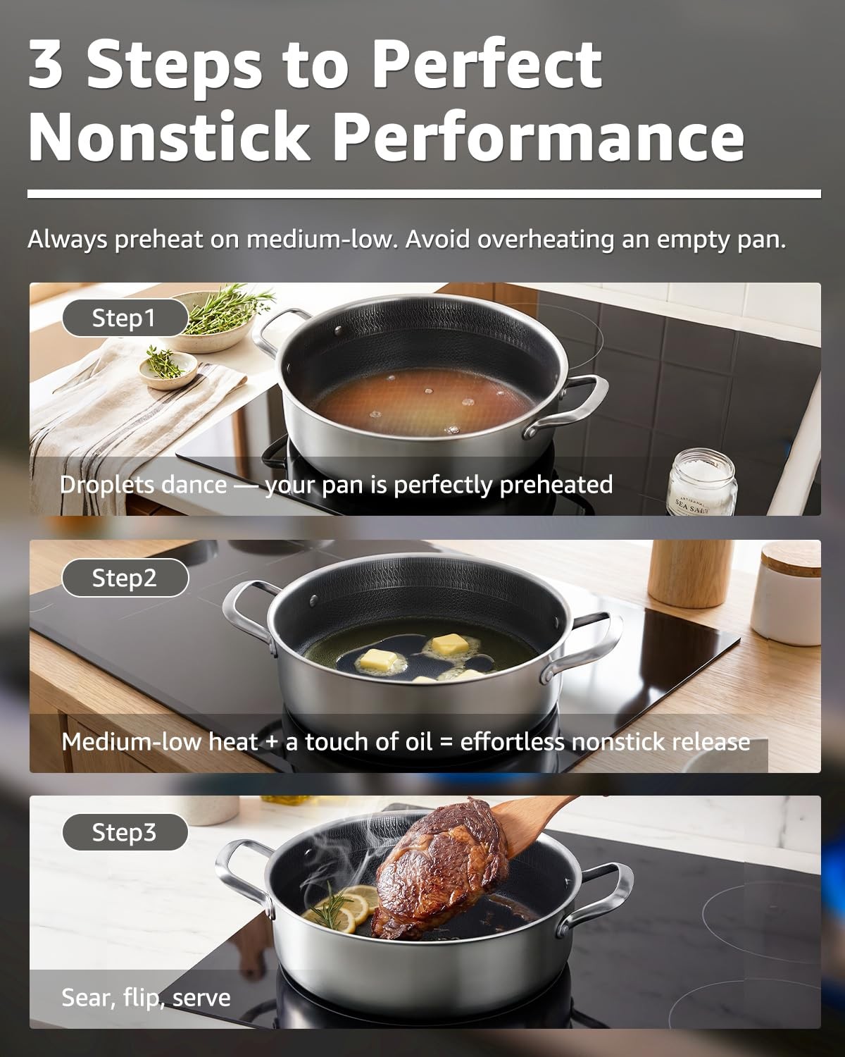 LOLYKITCH 5 QT Hybrid Ceramic Non Stick Tri-Ply Stainless Steel Sauté Pan wit…
