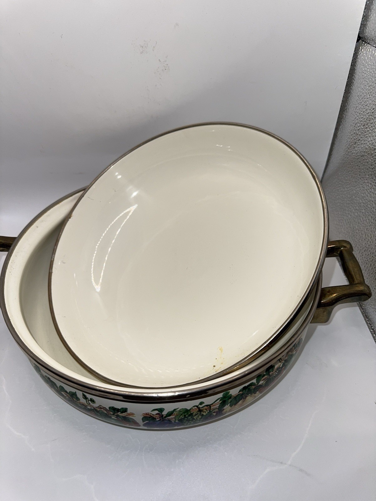 Vintage Fruit Motif Ceramic Casserole Dish Lid Brass Handles Oven Safe